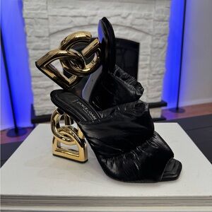 Dolce & Gabanna Down Padded Mules Black Heels with DG Gold Accent